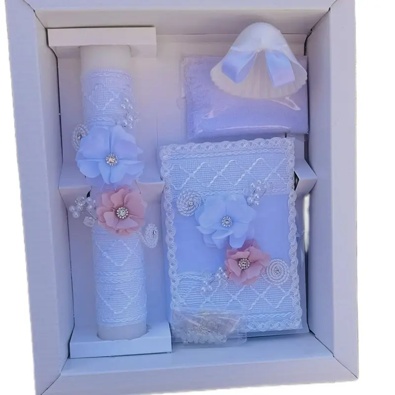 Traditional White Baptism Candle Gift Set - 8in Candle, Rosary, New Testament, Decorative Elements in Box for Baptism Celebration Favors (English & Spanish, Boys & Girls)