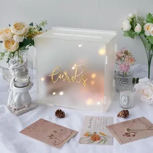 Acrylic wedding card box with string lights, frosted gift card box for wedding decoration, suitable for receptions, bridal shower decorations, party entertaining, and anniversaries