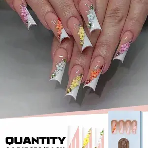 24 Pieces Long French Tip Romance Press On Nails with 3-D Flowers - Nail Care, Nail Art 3d charms coffin nail Cute and Floral Press-On Nails