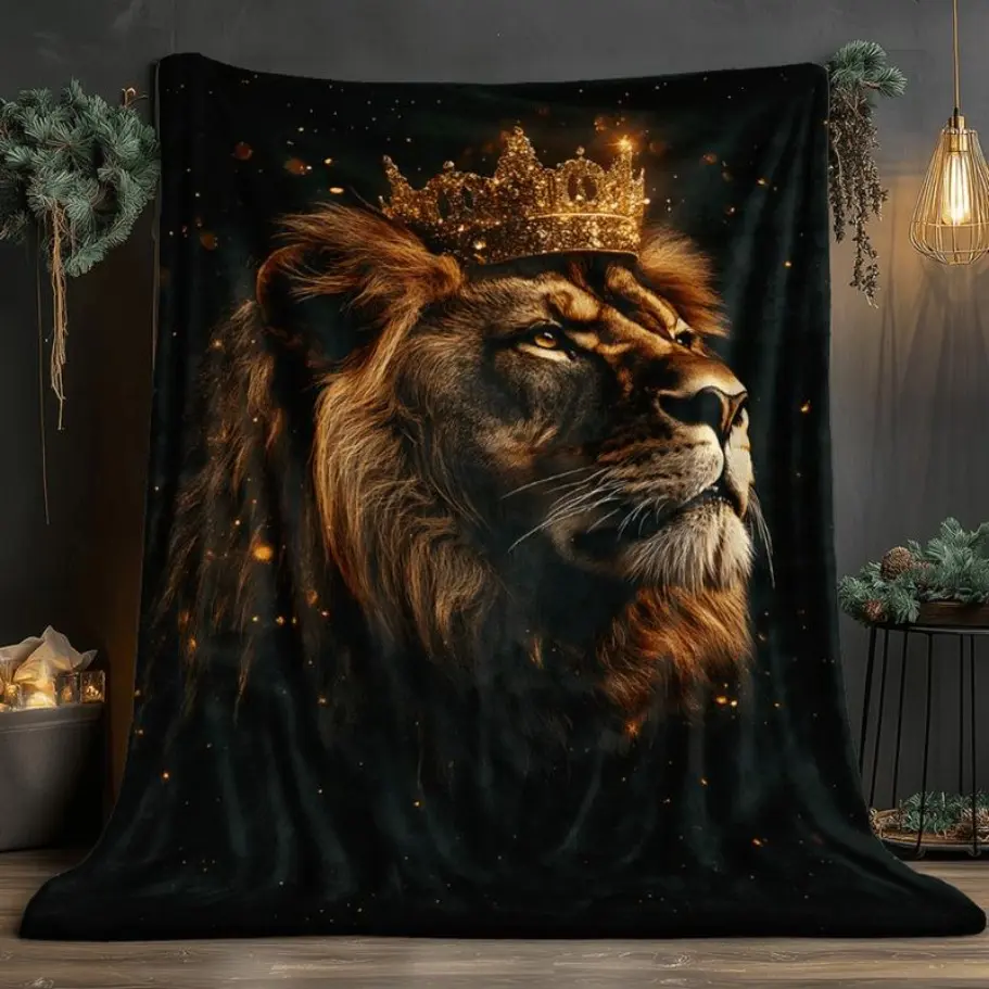 Majestic Lion with Crown HD Printed Flannel Blanket - 280GSM Heavyweight, Comfy and Cozy, Warm All-Season Luxury Bedspread for Bed, Sofa - 3 Sizes (30x40in, 50x60in, 60x80in) - Glowing Eyes Design for Cozy Nights