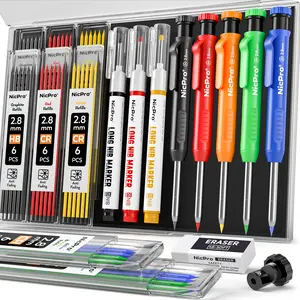 Nicpro Carpenter Pencil with Sharpener, Mechanical Carpenter Pencils with Refills, Deep Hole Long Nib Marker Pens for Construction, Heavy Duty Woodworking Pencil for Architect Marking