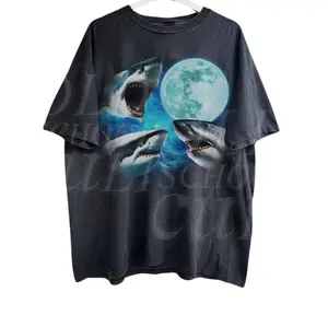 Three Sharks Vintage Graphic T-shirts Retro Shark Moon Tshirt Skark Ocean Lovers Oversized Washed Tee Weirdcore Shirt Funny Graphic Tee Menswear Top