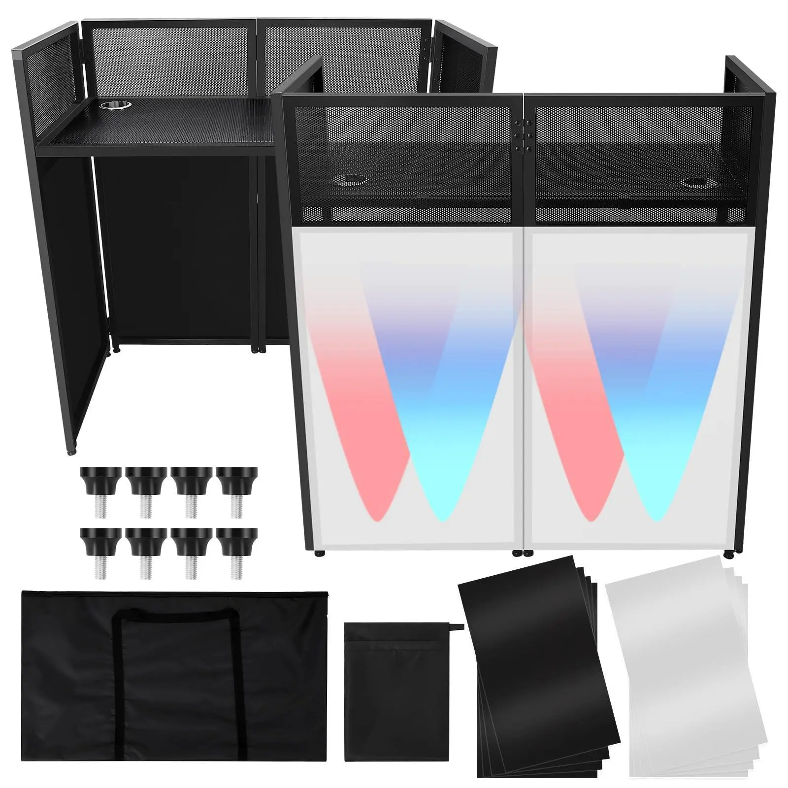 DJ Table Stand Portable Booth, Foldable DJ Stand Booth, Easy to Assemble, with Adjustable DJ Event Facade Feet for Party, Black Metal Frame