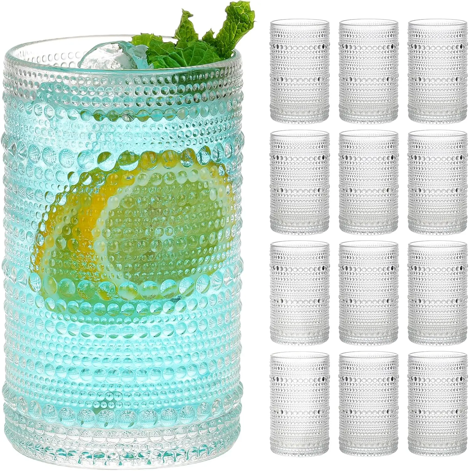 Drinking Glasses Set of 12,12 Oz Hobnail Highball Glasses Clear Embossed Boho Water Glass Cups Kitchen Bar Tumbler Glassware Set for Whiskey, Beer, Juice, Milk and Various Mixed Drinks,summerwins