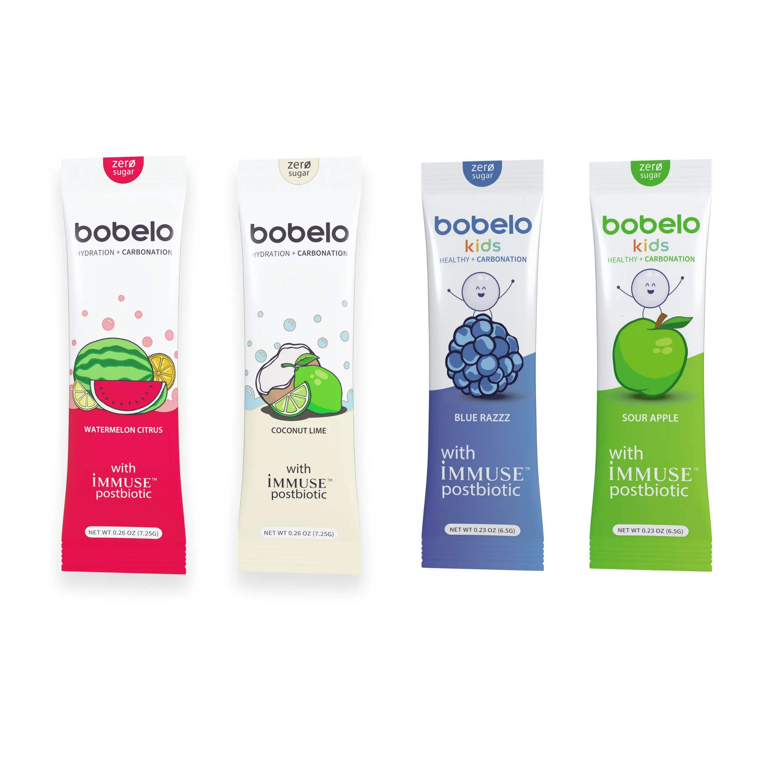 Bobelo Immuse Postbiotic Sampler | Zero Sugar Fizz + Self-Carbonating Hydration Powder Drink Mix 4 Packets Natural Flavor