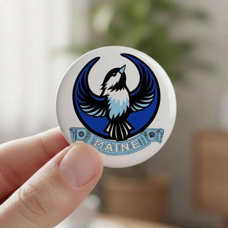 Maine Eagle Graphic Button Pin, Vintage Style Round Badge, Backpack Hat Jacket Accessory