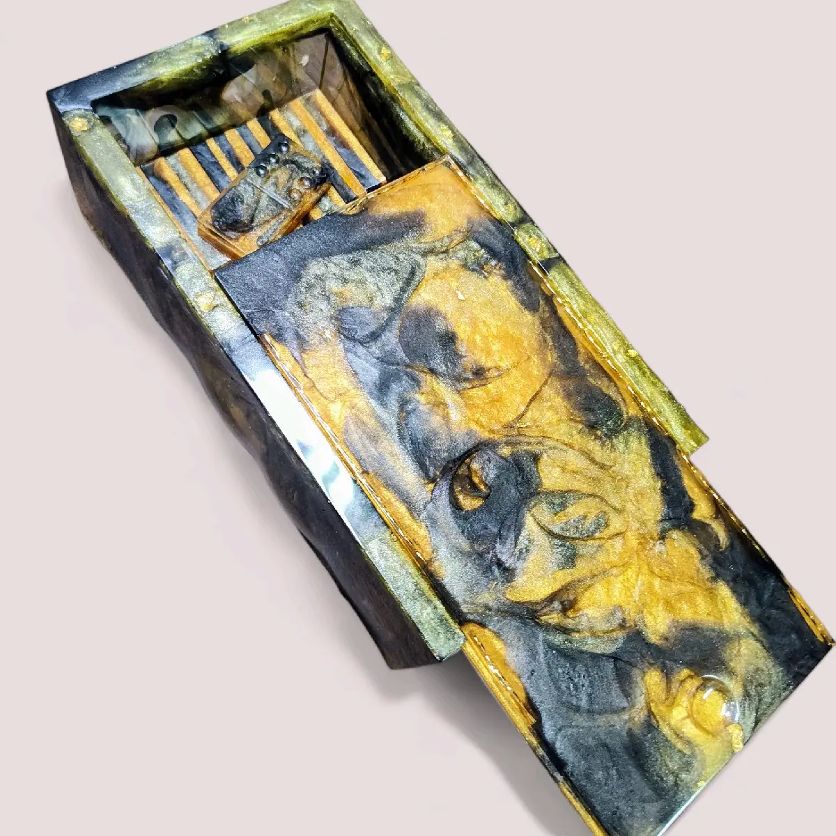 custom poured resin Domino's set with matching custom slide lid  Domino's box