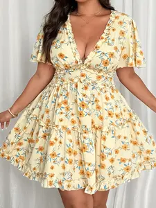 Women's Summer Chiffon Floral Print Ruffle Sleeve Midi Dress, Plus Size Casual Lady Fashion, Elegant A-Line Skirt for Daily Wear