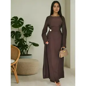 Muslim Women Plain Simple Dress with Back Tie, Waist Cinching, Decorative Buttons, Perfect for Friend Gatherings & Casual Occasions