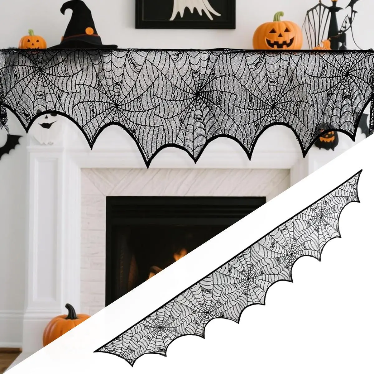 Halloween Decoration Black Lace Spiderweb Fireplace Mantle Scarf Cover Festive Party Supplies 45 X 243cm 18 x 96 inch