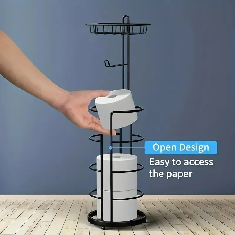 Traditional Durable Independent Toilet Paper Holder with Shelf, Bathroom Necessities Tissue Holder for Storing Mobile Phones & Personal Items, Black Bathroom Toilet Paper Organizer