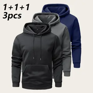 Men's stylish casual hoodie, simple solid color long-sleeve pullover, comfortable fleece warm hoodie with kangaroo pocket, suitable for autumn and winter daily leisure and outdoor activities wear