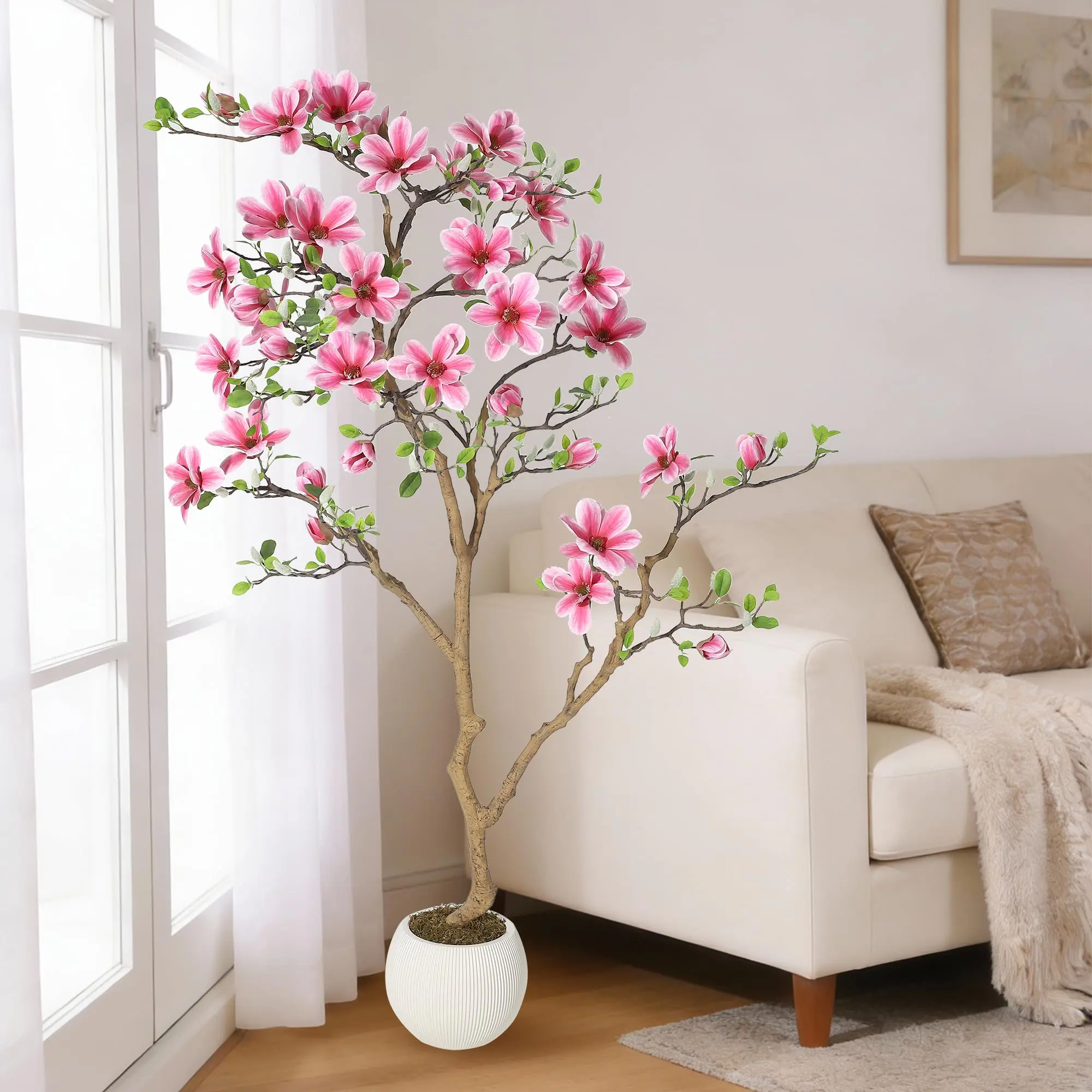 🌸 Lifelike Artificial Magnolia Tree – Soft Pink Blooms, Realistic Silk Floor Plant – No Maintenance Required – Perfect for Indoor/Outdoor Home Office Decor! ✨, Decorative, Tropical
