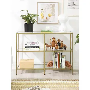 39.4 Inch Console Sofa Table With 3 Shelves, Metal Frame, Tempered Glass Shelf, Modern Style, For Entryway Living Room Bedroom Mobile Standing Desk Wheels Mirrored Inlay