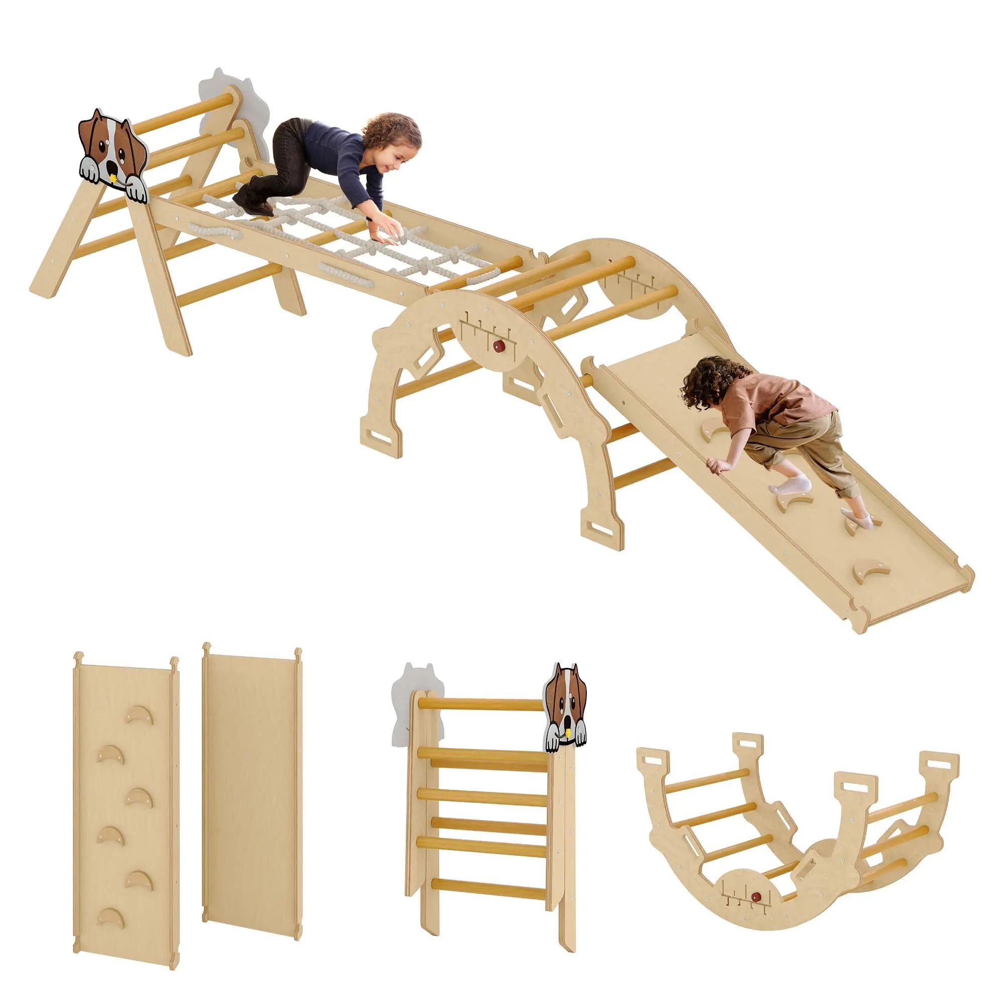4-in-1 Versatile Wooden Pikler Triangle Playset, Indoor Toddler Climbing Furniture Set with Ramp, Arch, Ladder, Tunnel, 220 lbs Weight Capacity, Ideal for Toddlers 1-3, Perfect for Birthdays