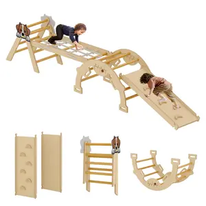 Pikler Triangle Set, 4 in 1 Toddler Climbing Toys Indoor with Ramp, Arch and Ladder, Climbing Set with Wood Construction, Jungle Gyms for Toddlers 1-3, Baby, Kids