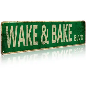 Funny Wake & Bake Metal Sign "WAKE & BAKE BLVD" Retro Wall Art & Home Decoration, Wall Decor & Bedroom Decor for Home, 4×16 Inch Aluminum, Vintage Street Sign Style, Ideal Gift for Humor Fans & Home Decor Enthusiasts