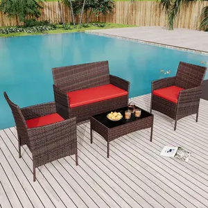 4-Piece Outdoor Patio Furniture Set – Wicker Rattan Bistro Conversation Set with 2 Chairs, Loveseat, Coffee Table, Upholstered Cushions, Perfect for Garden, Backyard, Porch, or Balcony