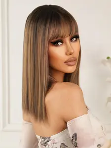 Women's 18 Inch Brown Short Straight Wigs With Bangs, Synthetic Wigs For Party, Daily Use
