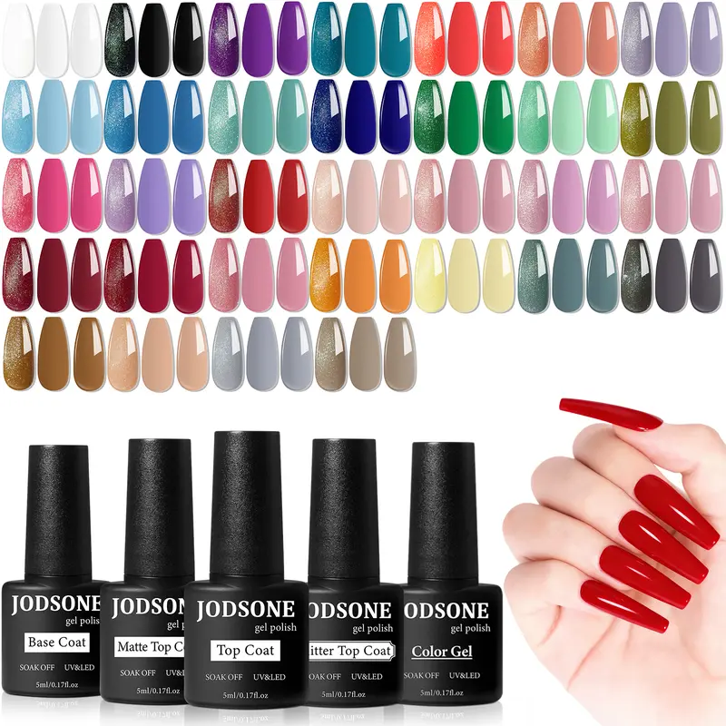 JODSONE 36 PCS Gel Nail Polish Set with 32 Colors Gel polish Kit Base Coat No Wipe Matte GlossyTop Coat Nail Polish Set Green Blue Red Pink Summer nail Collection Gifts for Women