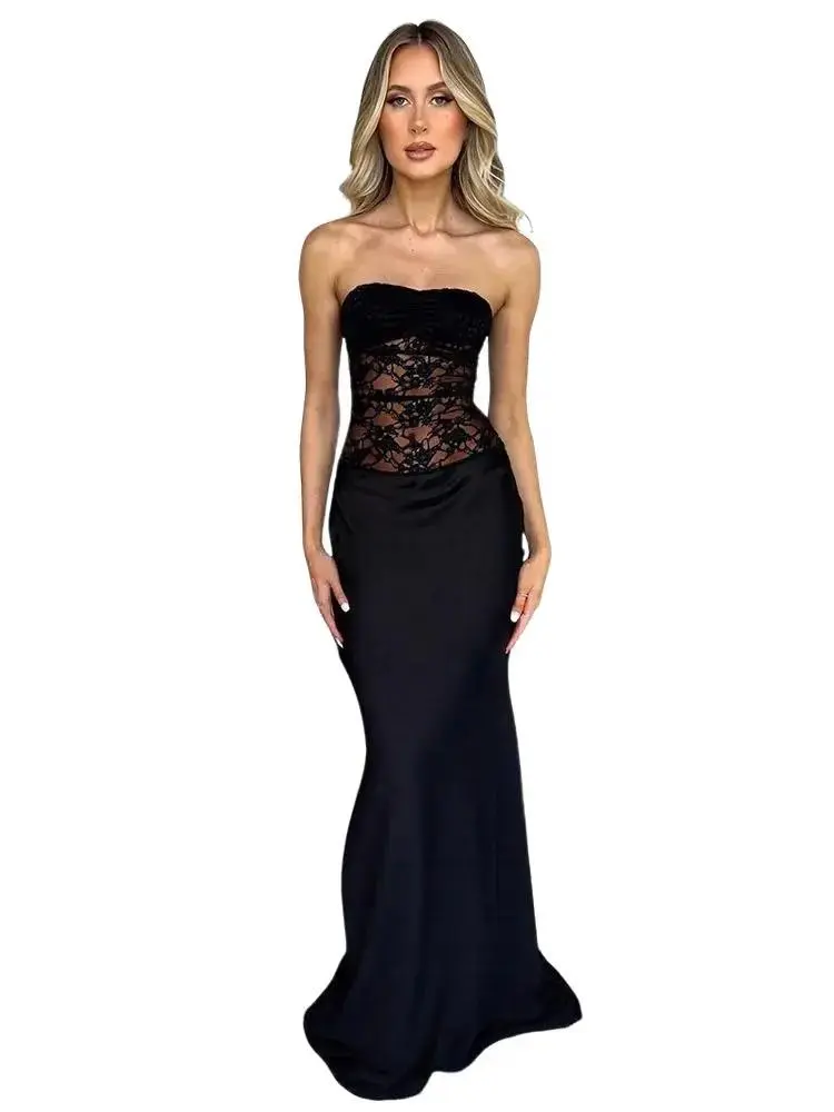 Elegant Sheer Lace and Silk Strapless Sleeveless Maxi A Line Dress Womenswear Clothes