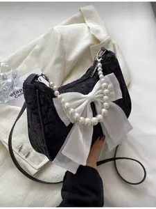 Women s Faux Pearl Chain Crossbody Bag Bowknot Decoration Textured Zipper Fashion Valentines Day Gift for Her Crossbody Purse Cross Body Bags