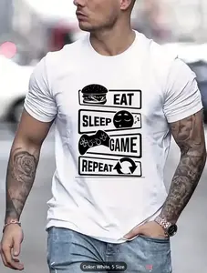 Men's Summer and Spring T-Shirt with "Eat, Sleep, Play Repeat" Print, Stylish Short-Sleeve Design, Novelty Sports T-Shirt for Leisure Time.