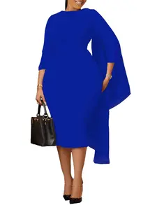 Plus Size Women's Round Neck Seven-Quarter Sleeve Asymmetric Ribbon Waist Dress, Elegant Formal Occasion Gown, All Seasons