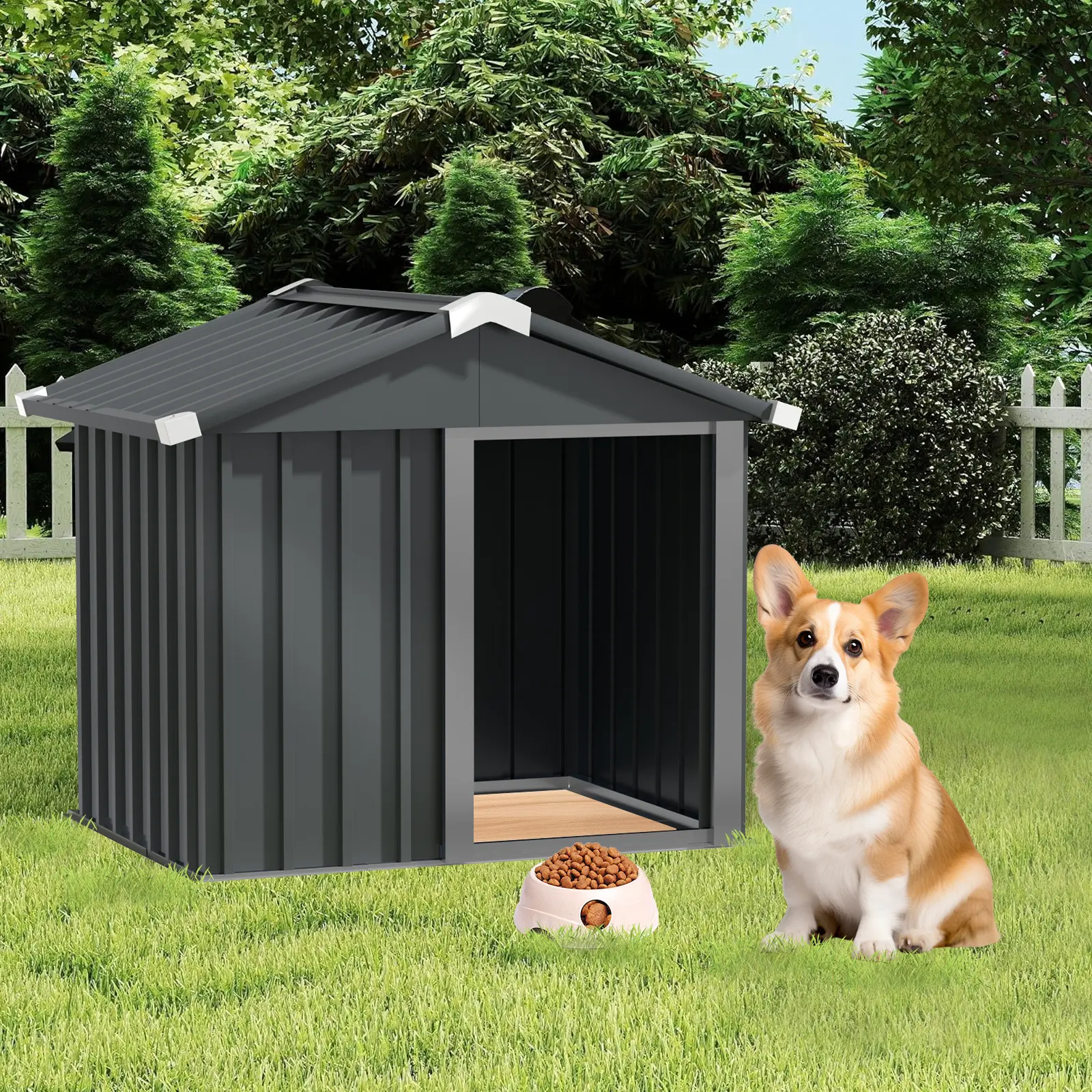 All-Weather Metal Dog House Indoor & Outdoor Pet Shelter for Small to Medium Pets with Sloping Roof & Reinforcement for Durability