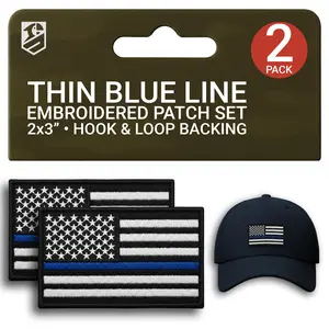 Thin Blue Line Patch Set – 2Pcs Embroidered American Flag Tactical Patches 3x2 Inches
