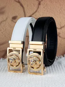 1 Piece Men's Belt with Wolf Head Relief, Rhinestone Decorated Alloy Automatic Buckle, Features a 3.5cm/1.38in Wide Solid Color Ratcheting Belt, Available in Black and White, Suitable for Parties, Balls, Travel, and as a Festive Gift.