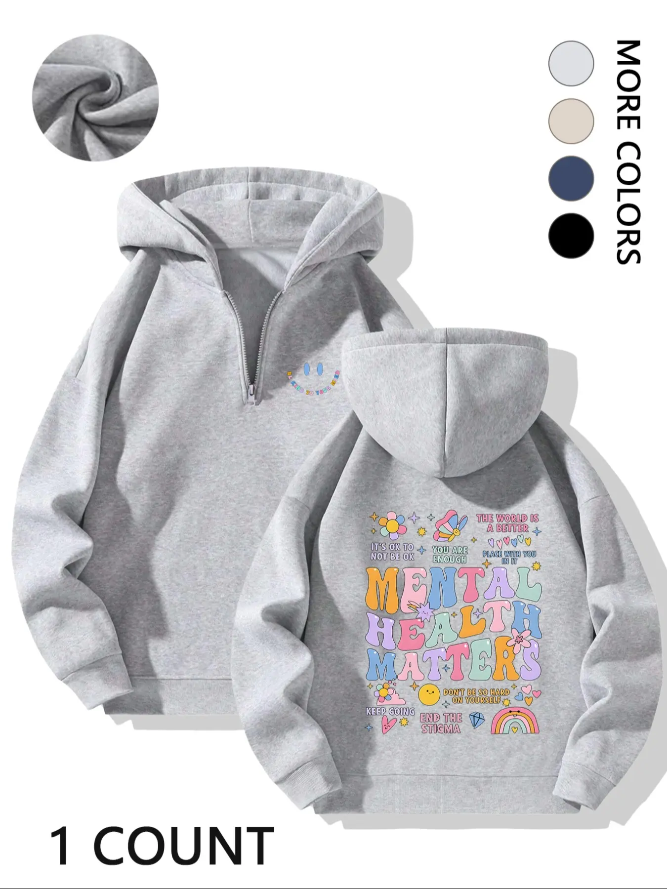 Inspirational Casual Women's Half-Zip Loose Oversized Baggy Thick Long Sleeve Hoodie - "Mental Health Matters" Colorful Positive Graphic Knit Sweatshirt Womenswear Casual Hooded Sweatshirts