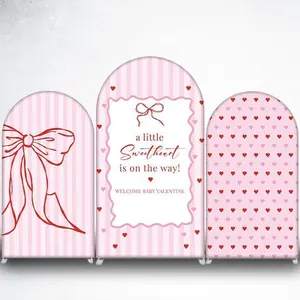 15-day 2D Flat Delivery Pink Stripe Red Bow Arch Backdrop Cover for Coquette Theme Party