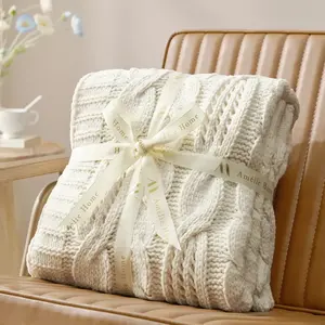 Cable Chunky Knitted Chenille Throw Blanket, Ivory-Amelie Home