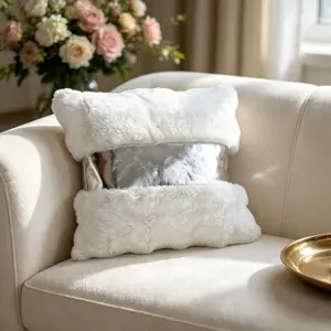 Fashionable Rabbit Fur Mimic Silver Color Pillowcase, Decorative Pillow for Sofa Bed, Square Cushion Cover for Living Room Bedroom