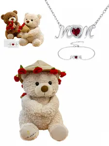 "Silver Diamond Mother's Vow" Heart-shaped MOM Unique Luxury Gemstone Jewelry Set with creative magic bear gift box. Ideal mysterious gift for festivals, birthdays, wife, daughter, Valentine's Day and Mother's Day.