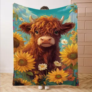 Sunflowers Highland Cow Pattern Flannel Blanket, Soft Comfortable Throw Blanket, Cool Bedroom Bedding Blankets, Warm Napping Blanket for Home Office Travel