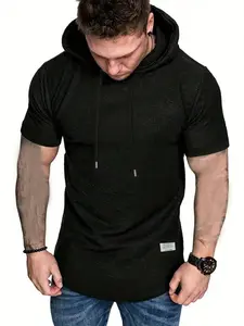 Men's Plus Size Basic Patchwork Detail Solid Color Short Sleeve Hoodie T-Shirt, Perfect for Casual Outdoor Wear, Comfortable and Stylish