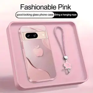 Luxury Faux Brushed Metal Texture Phone Case with Flower Lanyard | Glossy Glass Feel 2D Printed Cover | for [Google Pixel 8] 952