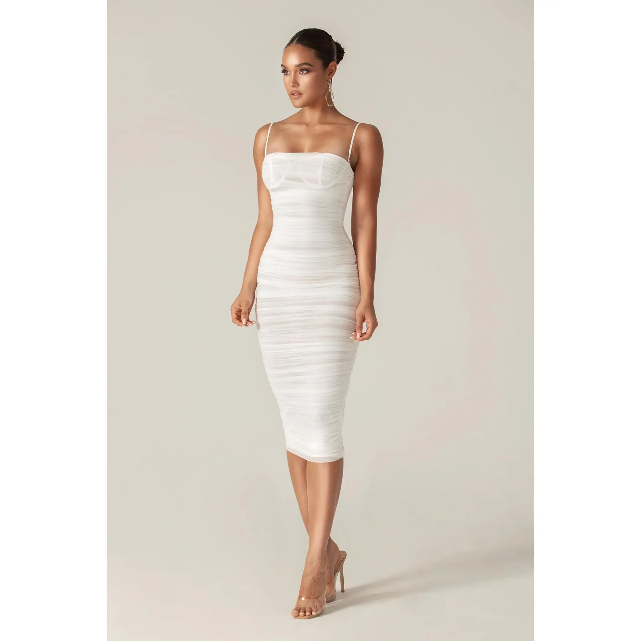 Justina Ruched Organza Mesh Midi Dress - Off White | Sleeveless Bodycon Dress with Spaghetti Strap & Built-In Underwired Bra - Fully Lined Stretch Slim- Fit - Elegant  Minimalist Outfit for Party, Wedding & Date Night - Womenswear