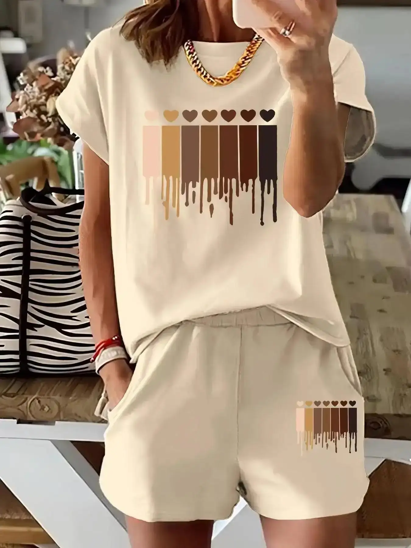 Women Two Piece Set Ombre Heart Print Round Neck Lightweight Fitted Tee Skinny Shorts 2026 Casual Short Sleeve T Shirt Daily Summer Ladies