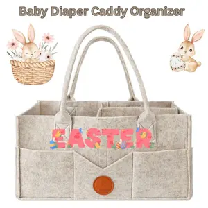 Portable Felt Baby Diaper Caddy Organizer, Khaki Nursery Storage Bin with Handle for Changing Table