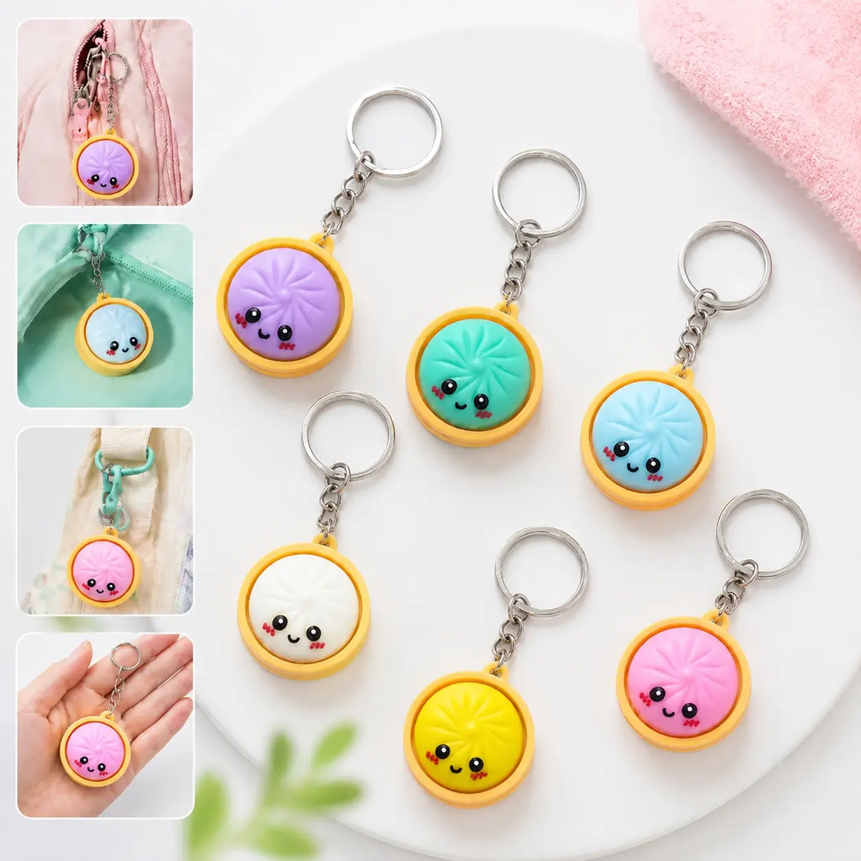 6Pcs Cute Mini Dumpling Keychains – Realistic food-themed cartoon charms and accessories; ideal for backpack and handbag zippers, kids' birthday party favors, and holiday gifts.