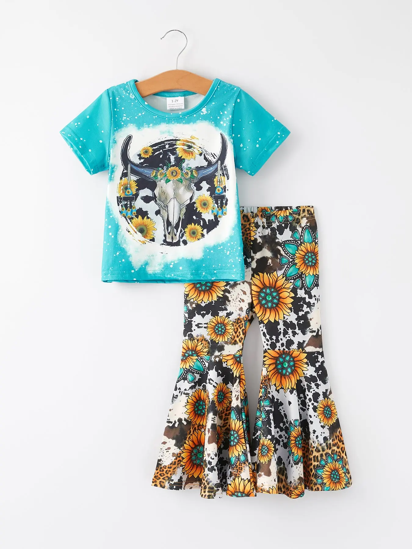 Rylee Faith Designs Girls Western Outfit Set Cow Skull Sunflower T Shirt and Flare Leggings Set for Toddler Girls Kids Girls Cowgirl Outfit Clothes Set 2Pcs Two Piece Set Boutique Girls Fashion Leopard Bell Bottom Pants Rodeo Farm Photoshoot Wear Style