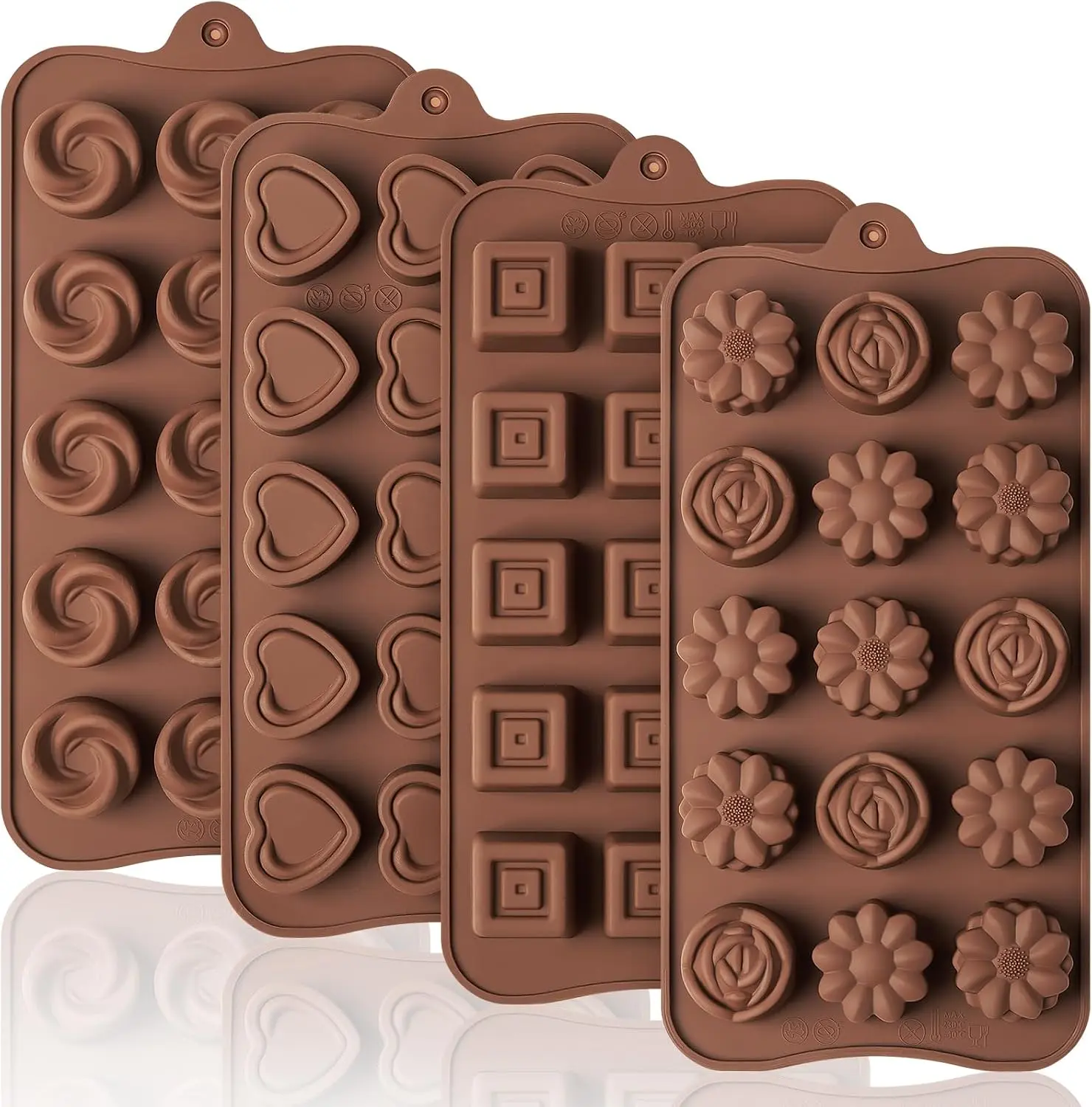 Mini Silicone Chocolate Molds, 2 Pack, 60 Cavities | Non-Stick Candy Molds, Bite Size Chocolates, Candies, Truffles, Gummies, Jelly, Heart, Sunflower, Rose, Square, Swirl Shaped
