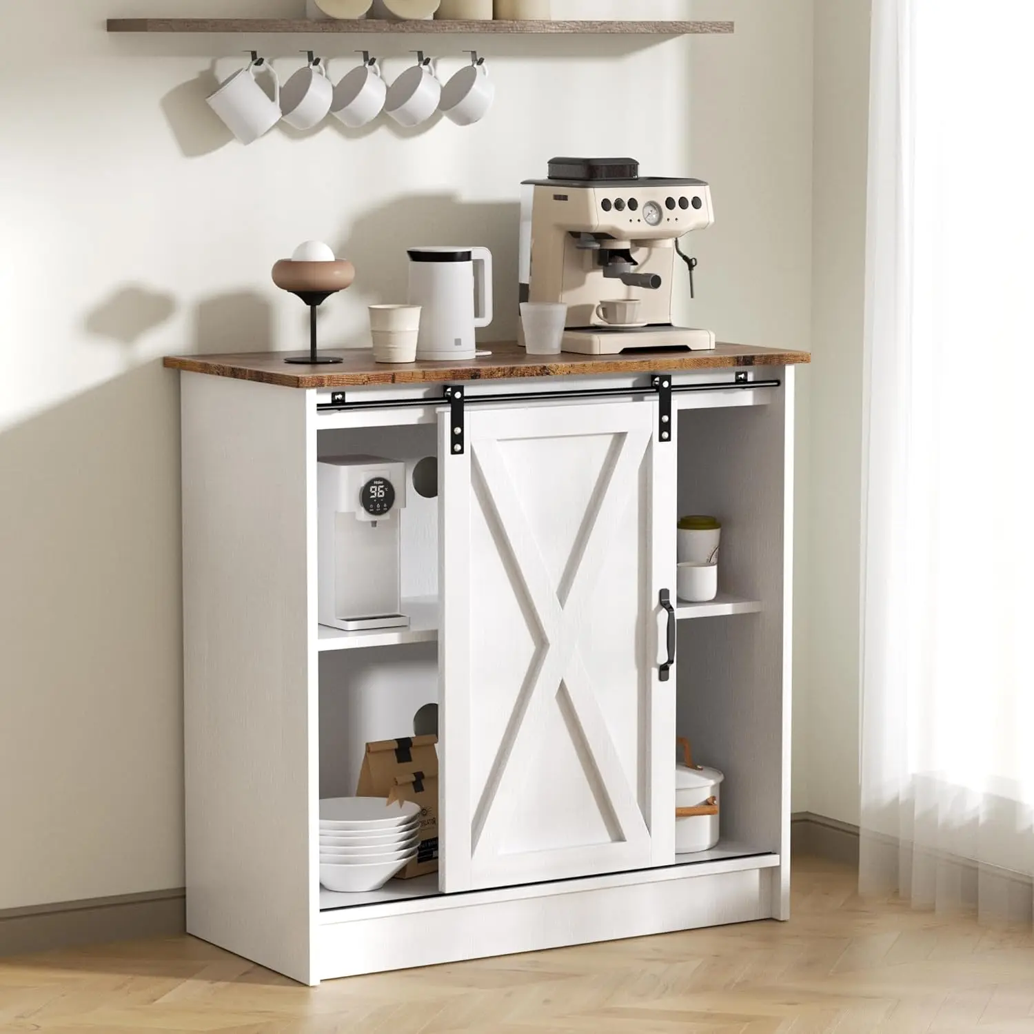 White Coffee Bar Cabinet with Storage, Farmhouse Coffee Bar Cabinet, Coffee Bar Table with Sliding Barn Door, Coffee Bar & Adjustable Shelves, for Kitchen, Dining Room, Living Room