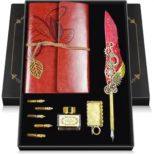 Quill Pen and Ink Set,Antique Calligraphy Set with Leather Journal Notebook, Pen,5  Nibs,Pen Holder,Ink,Calligraphy Kits for Beginners Christmas