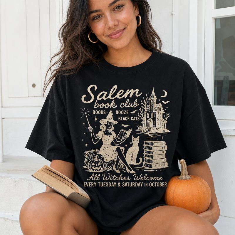 Witchy Halloween Book Club Graphic Tee Women Soft Washed Cotton Salem Book Club Witch Cat Shirt S-5XL