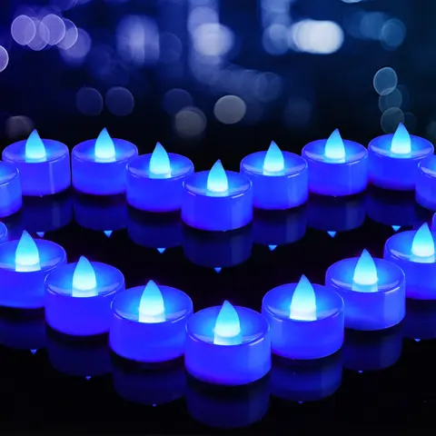 24-Pack Blue Flameless LED Candle Lights - Battery Operated Flickering Fake Candles, Table Bedside Lamp, Home Decoration Lamp for Halloween, Valentine's Day, Glass Cups Festive Accents