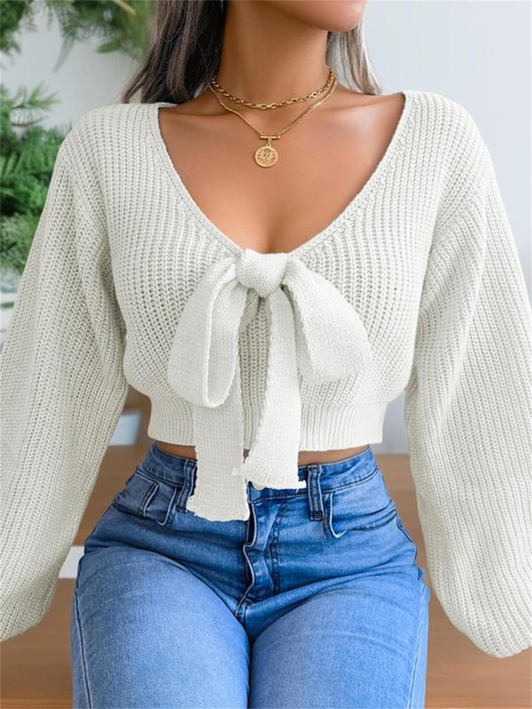 Women's Plain Bow Decor Tie Front Crop Sweater, Casual Chic Bishop Sleeve V Neck Jumper for Fall & Winter, Women's Knitwear for Daily Wear